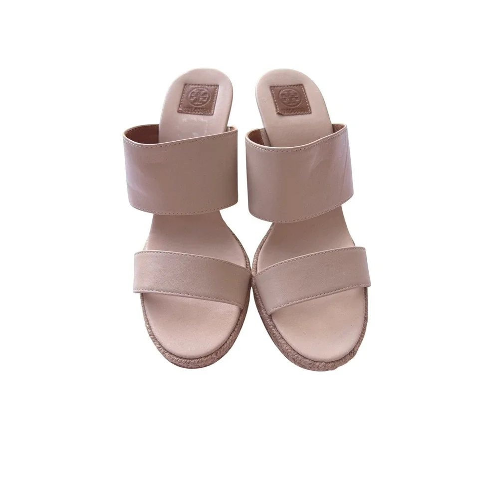 Tory Burch Dulce De Leche Beige Leather Double Strap Wood Wedge Slide Sandals 8M